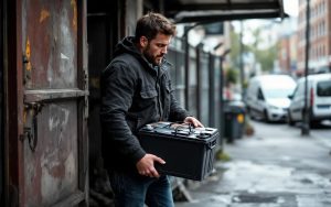 Un homme dépose une batterie de voiture usagée chez un ferrailleur dans une rue urbaine, sous une lumière naturelle douce.