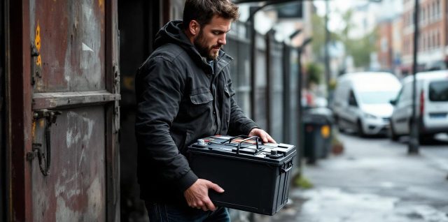 Un homme dépose une batterie de voiture usagée chez un ferrailleur dans une rue urbaine, sous une lumière naturelle douce.