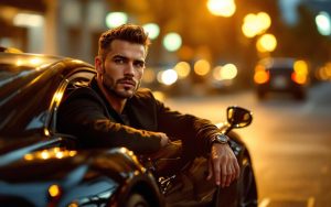 Portrait stylisé dans un univers luxe avec un amateur de voitures aux côtés d’une supercar, éclairage doré, reflets sur carrosserie et ambiance haut de gamme type Instagram.
