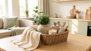 Panier cadeau d’emménagement aux tons neutres avec plaid, vase, plante verte, bougie et accessoires de cuisine dans un intérieur lumineux.