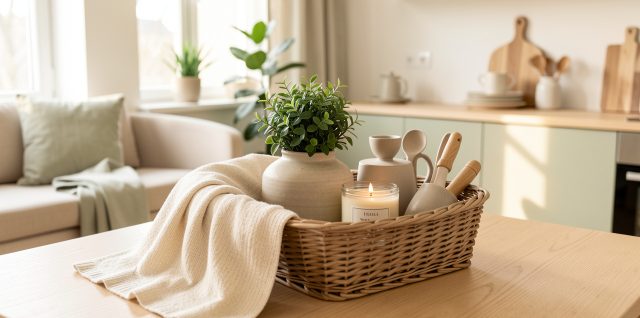 Panier cadeau d’emménagement aux tons neutres avec plaid, vase, plante verte, bougie et accessoires de cuisine dans un intérieur lumineux.