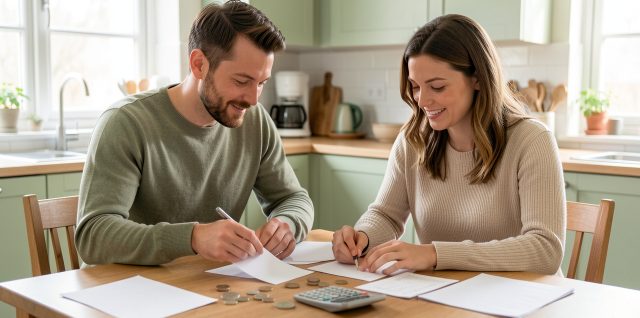 Un homme et une femme organisent calmement leurs dépenses communes autour d’une table de cuisine lumineuse.