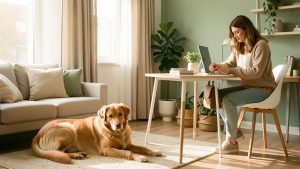 Un chien adopté se repose dans un appartement lumineux tandis qu’une femme travaille à son bureau et prépare un petit sac pour le week-end.