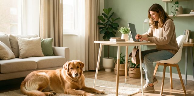 Un chien adopté se repose dans un appartement lumineux tandis qu’une femme travaille à son bureau et prépare un petit sac pour le week-end.