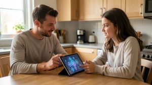 Un père discute calmement de finance numérique avec sa fille adolescente autour d’une table, dans une atmosphère familiale et bienveillante.