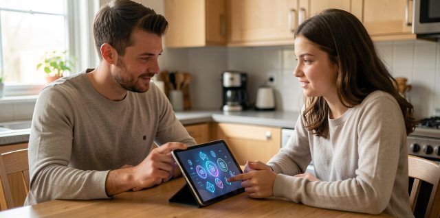 Un père discute calmement de finance numérique avec sa fille adolescente autour d’une table, dans une atmosphère familiale et bienveillante.