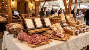 Étal gourmand chaleureux présentant des charcuteries artisanales de porc, des boîtes de chocolats et des produits régionaux soigneusement disposés.