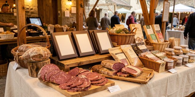 Étal gourmand chaleureux présentant des charcuteries artisanales de porc, des boîtes de chocolats et des produits régionaux soigneusement disposés.