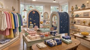 Intérieur lumineux d’une boutique française fantaisiste présentant des vêtements colorés, des objets de décoration, des cadeaux emballés et de petites gourmandises disposés avec élégance.