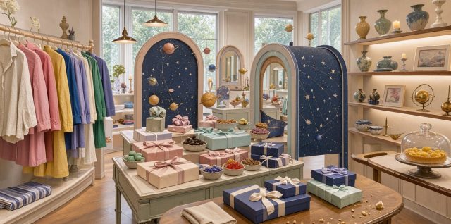 Intérieur lumineux d’une boutique française fantaisiste présentant des vêtements colorés, des objets de décoration, des cadeaux emballés et de petites gourmandises disposés avec élégance.