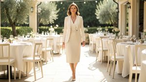 Femme élégante portant une tenue ivoire raffinée et polyvalente sur une terrasse lumineuse pour un déjeuner après un mariage civil.